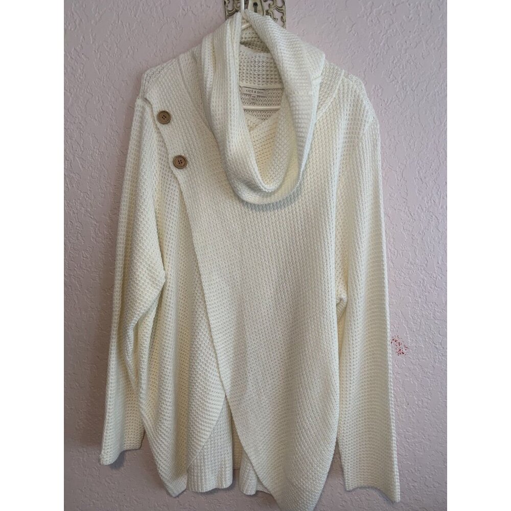 Kate & Sam Ivory Tunic Knit Overlap Sweater Cowl Neck Button Embellish Size XXL